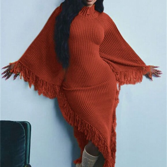 Rust Brown Casual Women's Fringe Trim Batwing Sweater maxi Dress - Picture 4 of 5